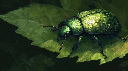 Naklejka premium Detailed Close-Up of a Vibrant Green Beetle on a Leaf Surface