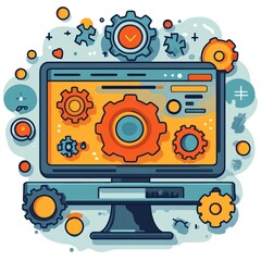 Obraz premium A colorful illustration of a computer screen surrounded by gears, symbolizing technology and innovation.