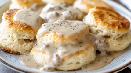 A plate of fluffy buttermilk biscuits smothered in creamy sausage gravy, Biscuits and gravy plate centered, Soft natural light highlighting their golden tops