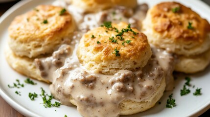 A plate of fluffy buttermilk biscuits smothered in creamy sausage gravy, Biscuits and gravy plate centered, Soft natural light highlighting their golden tops