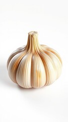 Obraz premium Fresh garlic clove with visible signs of ripeness and maturity, placed against a simple white background, fresh garlic, surface