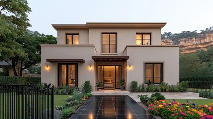 Fototapeta premium Modern Two-Story House Surrounded by Lush Greenery and Flowers