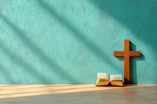 A thoughtful image of a Bible and a cross placed together on a table with sunlight casting soft shadows