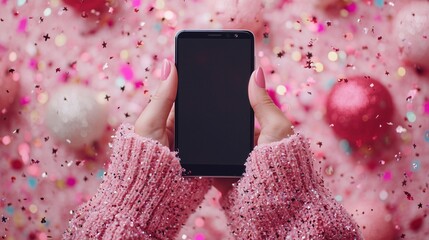 Close-up of hands in festive clothing holding a blank screen smartphone, surrounded by pastel confetti and holiday decorations, capturing a celebratory vibe