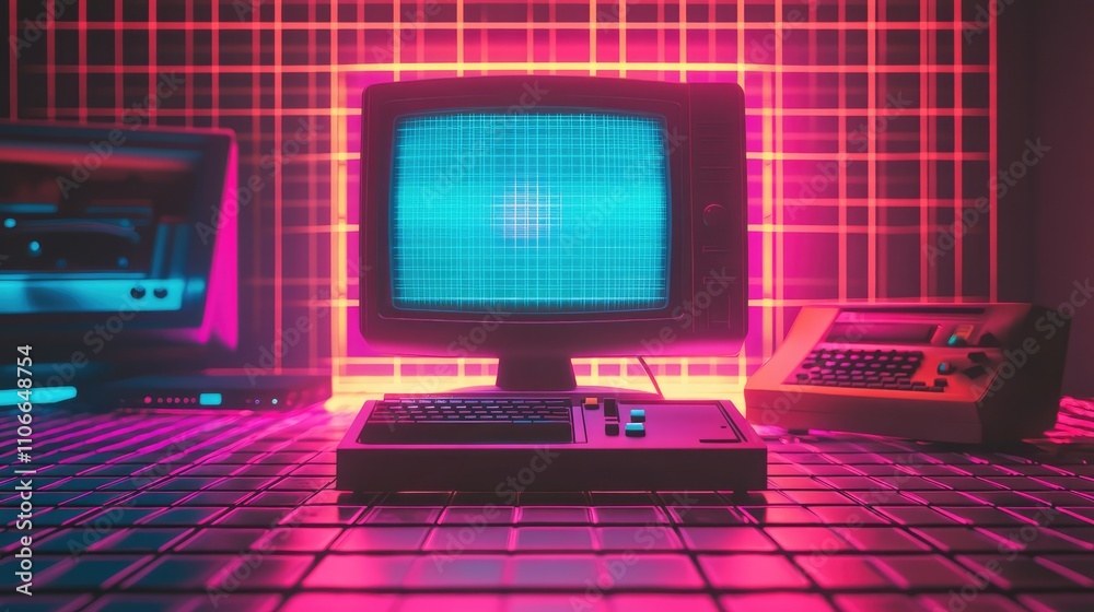 Poster retro futuristic computer setup with neon glow and grid background