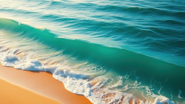 Rolling turquoise and emerald waves crashing against a sandy shore , beach, ocean wave, landscape, surf, wave