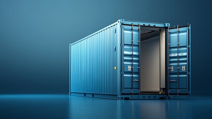 Blue shipping container with open doors on a sleek blue background.