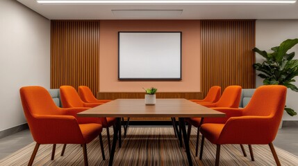 Fototapeta premium Modern Conference Room with Orange Chairs and Minimalist Design