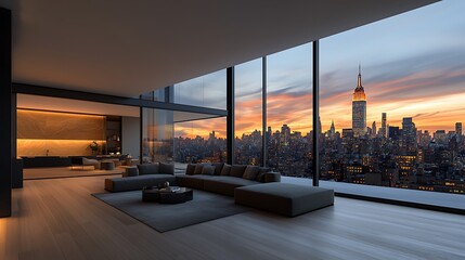 Fototapeta premium A luxurious penthouse suite with floor-to-ceiling windows showcasing a stunning city view, with elegant furniture, soft lighting, and a relaxing atmosphere. Ultra-Realistic, Photo Realistic, 