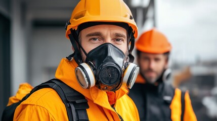 Fototapeta premium Safety First: Workers in Protective Gear with Gas Masks and Bright Helmets on Industrial Site Preparing for Hazardous Conditions and Ensuring Personal Safety and Health Measures