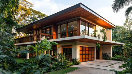 Warm craftsman home with minimal tropical decor for a cozy, elegant feel.