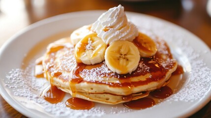 A plate of fluffy pancakes topped with bananas, caramel sauce, and whipped cream