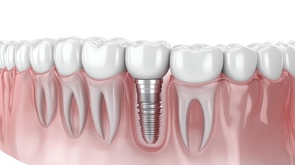 Detailed view of a dental implant in a human jaw with healthy teeth.