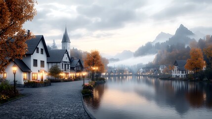 Fototapeta premium A quiet early morning in a small European village, with cobblestone streets, quaint houses with flower boxes, and a soft golden light bathing the scene. Ultra-Realistic, Photo Realistic, highly 