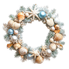 Elegant Seashell Wreath with Blue and White Decorations Perfect for Holiday and Christmas Themes on a Soft Background