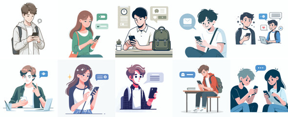 vector set of a teenager replying to a message with a simple flat design style