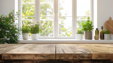 Wooden table for showcasing products above blurry kitchen window ledge