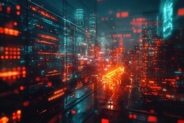 Naklejka premium futuristic neon-lit cyberpunk office interior, blurred with a high-tech overlay, representing the convergence of technology and corporate strategy in a dynamic environment