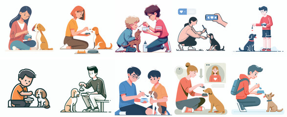 Vector Set of a Teenager Feeding a Pet with a Simple Flat Design Style