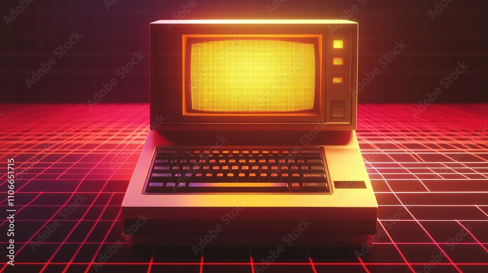 Poster retro computer in neon style with vintage display and keyboard