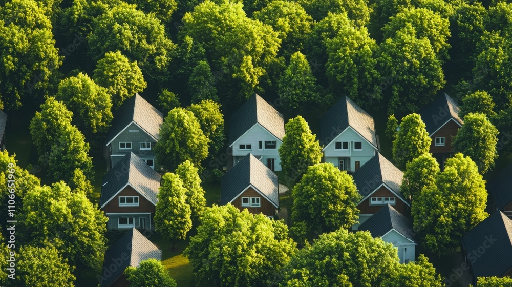 Poster Aerial view showcases a charming residential area nestled among dense trees. Beautiful homes with unique architecture are visible, emphasizing a peaceful and inviting atmosphere amidst nature.