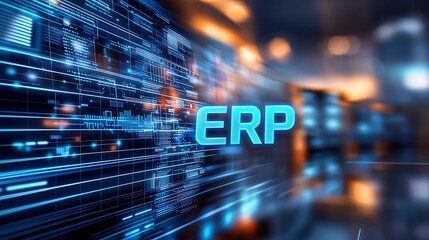 The futuristic digital background features a sleek and modern design with various digital screens displaying complex data structures and graphs, all bathed in a cool blue light