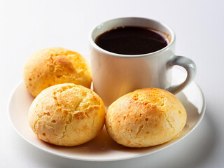 Brazilian p&atilde;o de queijo with coffee on a white background