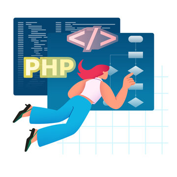 Woman floating in the air, working with flow chart and writing code