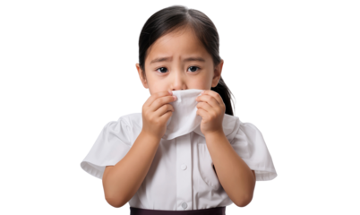 Asian little girl sneezing and using a tissue, isolated on transparent background