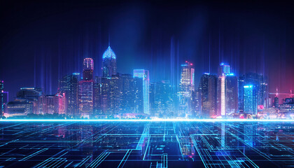 Futuristic cityscape with glowing holograms and advanced technology, showcasing vibrant cyberpunk atmosphere. skyline is illuminated with neon lights and digital elements