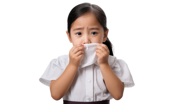 Asian little girl sneezing and using a tissue, isolated on transparent background - Powered by Adobe