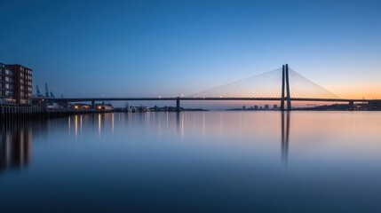 Obraz premium Tranquil bridge over water at dusk with city lights in background