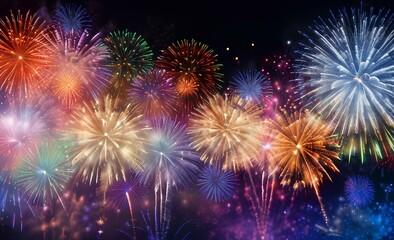 Naklejka premium Beautiful fireworks show over blue background to celebrate Chinese lunar new year. Abstract background.