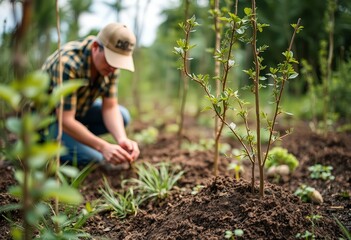 Photo of a person planting new tree seedlings for reforestation to overcome global warming and also overcome deforestation