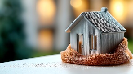 The charming little house sits snugly on the white table, enveloped in a vibrant orange scarf that adds a touch of warmth and coziness to its simple design.