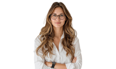 Portrait of a smiling businesswoman wearing eyeglasses with arms crossed, isolated on transparent background