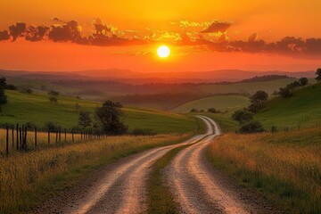 Fototapeta premium Journey to the Golden Hour: Winding Country Road Leading to a Spectacular Rural Sunset Over Rolling Hills
