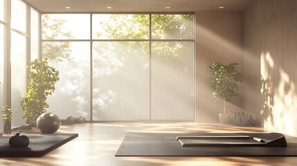 Sunlit minimalist home gym with equipment and plants.