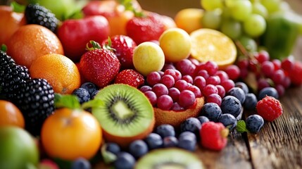 Assorted fresh fruits in vibrant colors, close-up of berries, citrus, and kiwi