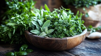Rustic bowl of fresh herbs including sage, basil, and parsley on wooden table