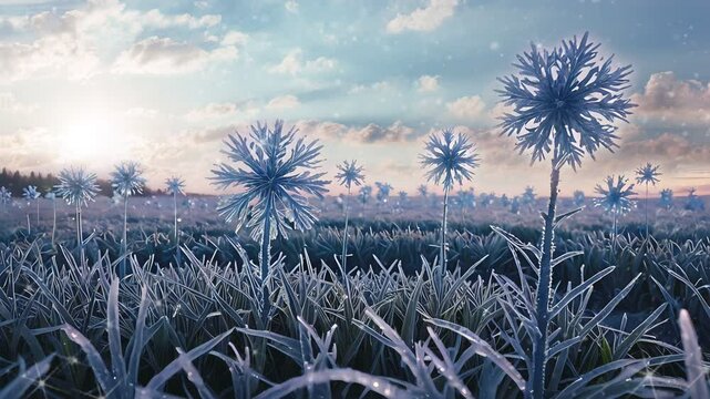 Frost-covered blue dandelions in a shimmering winter field at sunrise
