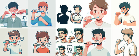 vector set of a teenager brushing his teeth in a simple flat design style