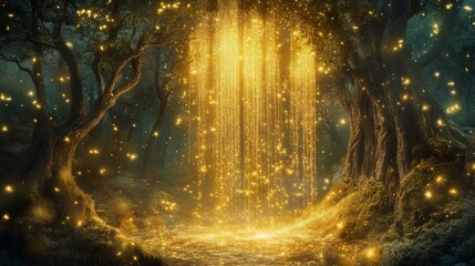 Obraz premium Golden glitter cascades in an enchanted forest, lit by the moon, creating a magical atmosphere.