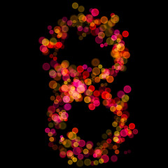 Number eight (8) made with multicolored bokeh lights effect, Bokeh abstract isolated on black background, Blur, Glitter, Defocused, Seamless polka dot pattern, Creative, Illustration design