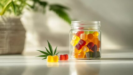 Colorful Cannabis Gummies in a Glass Jar with Leaf Decoration
- Powered by Adobe