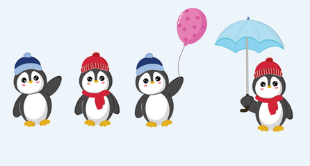 Cute penguin on winter holiday, holding balloon and umbrella. Vector illustration set.