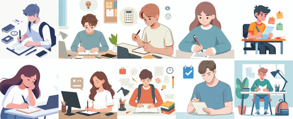 vector set of a teenager writing notes in a simple flat design style