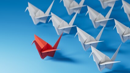 Different business concept.new ideas. paper art style. creative idea.leader swan concept with red paper swan leading among white.3D rendering on blue background.