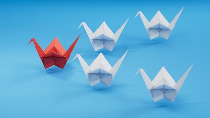 Different business concept.new ideas. paper art style. creative idea.leader swan concept, blue leader swan leading white swans.3D rendering on blue background.