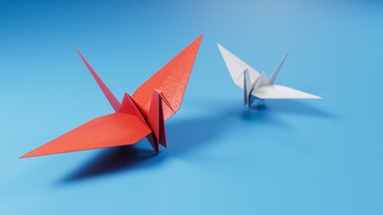 Origami Bird, bird paper crane. 3d illustration pair of bird paper craft for Hiroshima remembrance day minimal style concept.3D rendering on blue background.